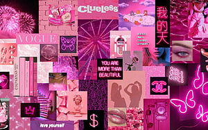 Pink Aesthetic Collage Wallpaper With Neon Signs, Vogue, Clueless, and Y2K Fashion Elements HD wallpaper