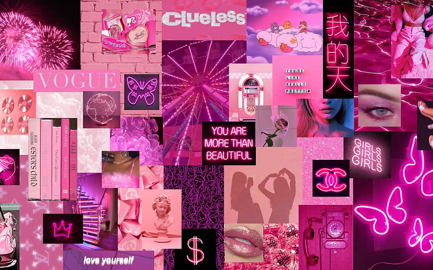 Pink Aesthetic Collage Wallpaper With Neon Signs, Vogue, Clueless, and Y2K Fashion Elements HD wallpaper