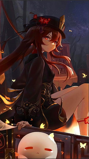 Hu Tao from Genshin Impact sitting on a coffin with a glowing butterfly companion in a dark forest HD phone wallpaper