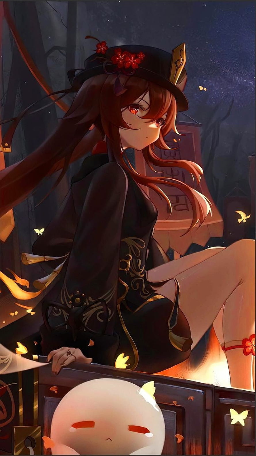 Hu Tao from Genshin Impact sitting on a coffin with a glowing butterfly companion in a dark forest HD phone wallpaper