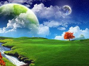 Surreal alien landscape with green planet, autumn tree, and rolling hills under a starry sky HD wallpaper
