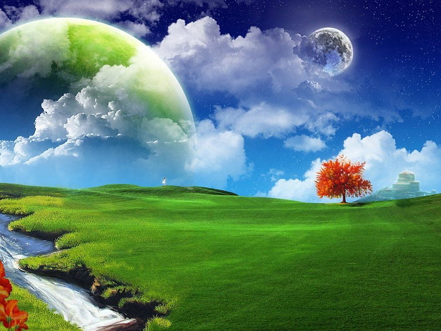 Surreal alien landscape with green planet, autumn tree, and rolling hills under a starry sky HD wallpaper