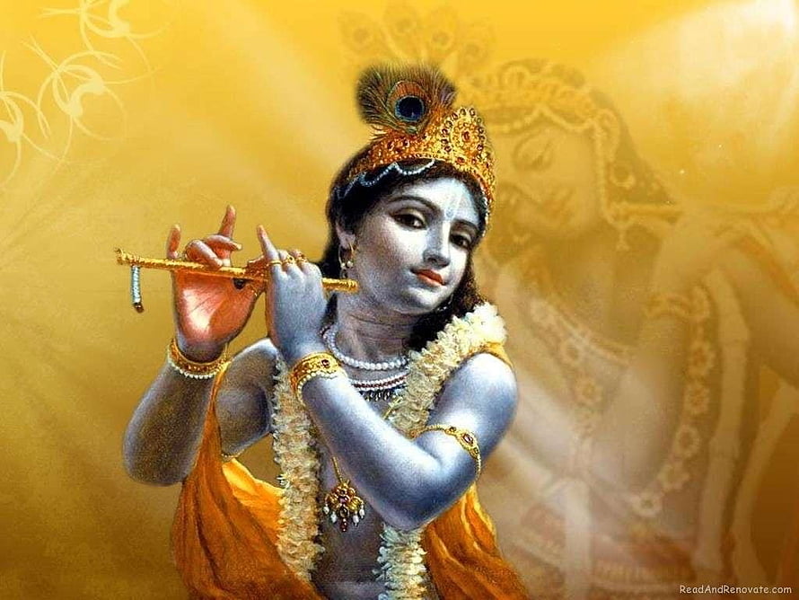 Lord Krishna Playing the Flute in Golden Divine Art HD wallpaper