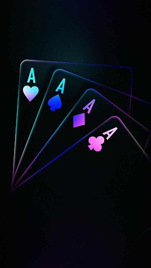 Neon Glowing Four Aces Playing Cards Fan Dark Background HD phone wallpaper