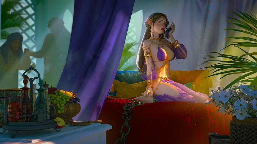 Fantasy Odalisque in a Lavish Harem Setting with Rich Decor and Soft Lighting HD wallpaper