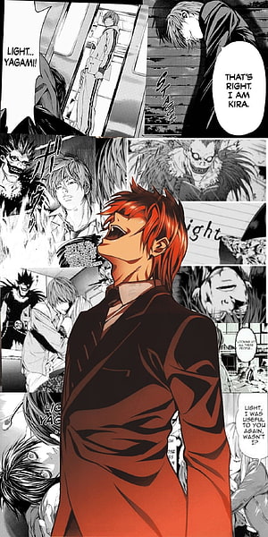 Light Yagami Laughing Maniacally in Red Suit Against Death Note Manga Panels, ANIME, Manga Death Note HD phone wallpaper