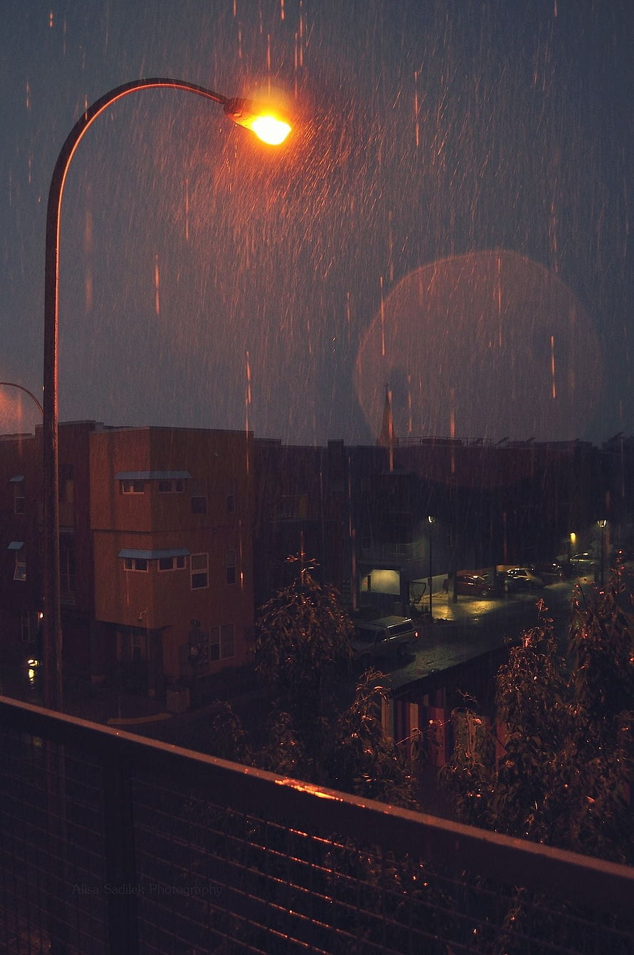 Moody Urban Night Scene With Glowing Street Lamp And Heavy Rainfall HD phone wallpaper
