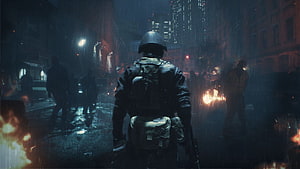 Resident Evil 2 Hunk Soldier Walking Through Rainy City Street at Night HD wallpaper