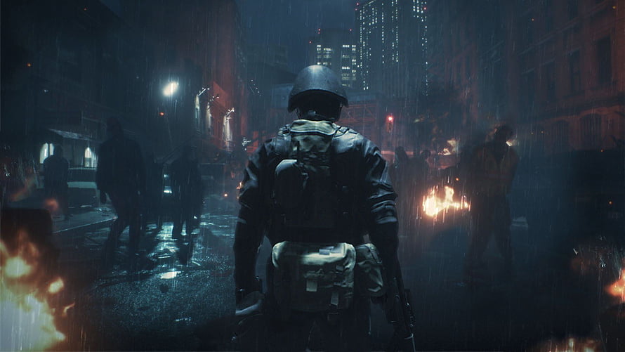 Resident Evil 2 Hunk Soldier Walking Through Rainy City Street at Night HD wallpaper
