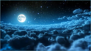 Full Moon Rising Above a Sea of Clouds Under a Starry Night Sky HD wallpaper