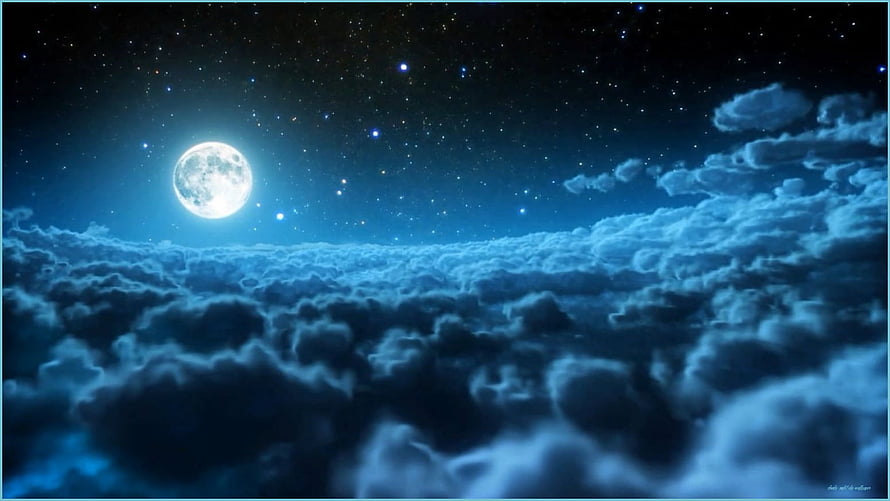 Full Moon Rising Above a Sea of Clouds Under a Starry Night Sky HD wallpaper