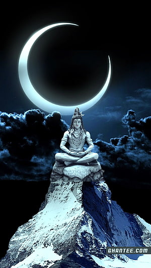 Lord Shiva meditating on snowy mountain peak under crescent moon HD phone wallpaper