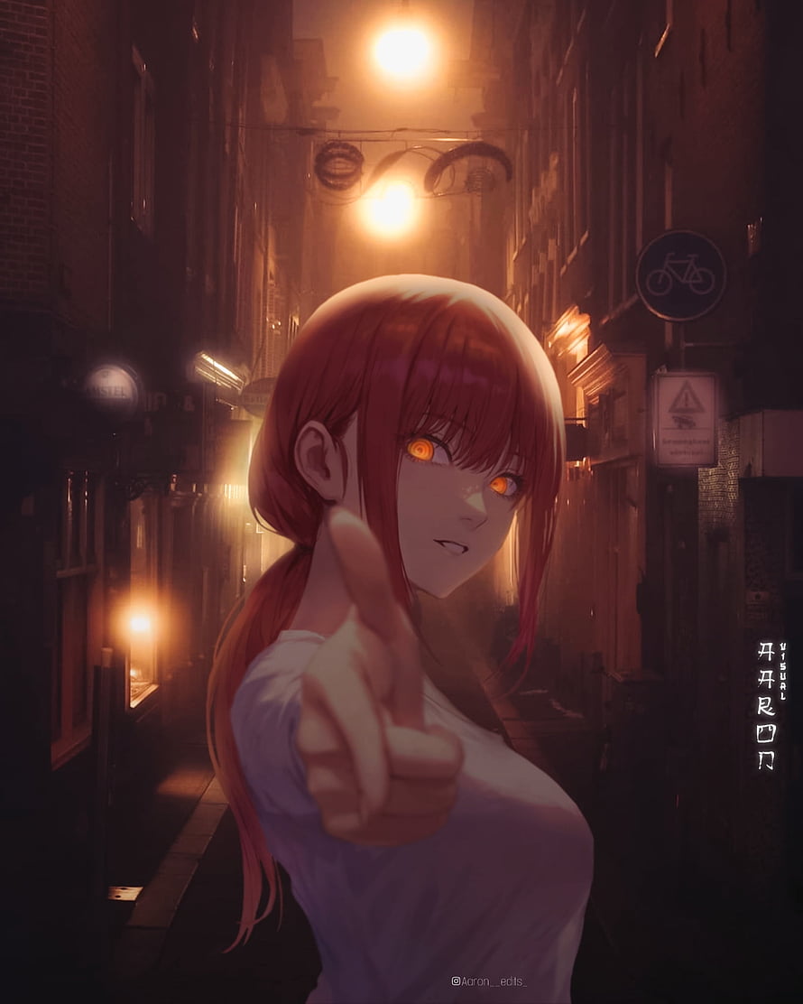 Anime Girl With Red Hair Pointing In A Dimly Lit City Street At Night HD phone wallpaper