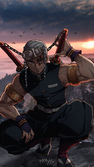 Obanai Iguro from Demon Slayer Anime Holding Nichirin Swords at Sunset HD phone wallpaper