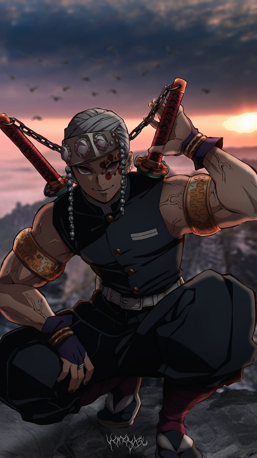 Obanai Iguro from Demon Slayer Anime Holding Nichirin Swords at Sunset HD phone wallpaper