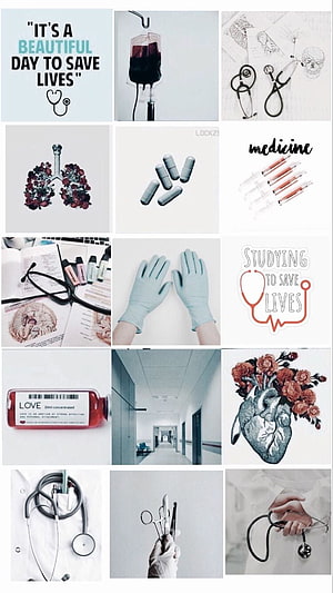 Medical Aesthetic Collage Featuring Stethoscopes, Surgical Tools, and Anatomical Illustrations HD phone wallpaper