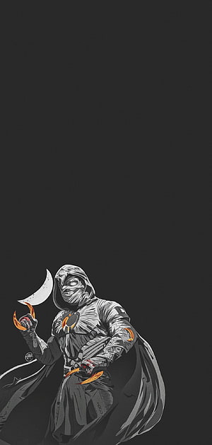 Moon Knight holding crescent moon in monochrome comic art with orange accents HD phone wallpaper