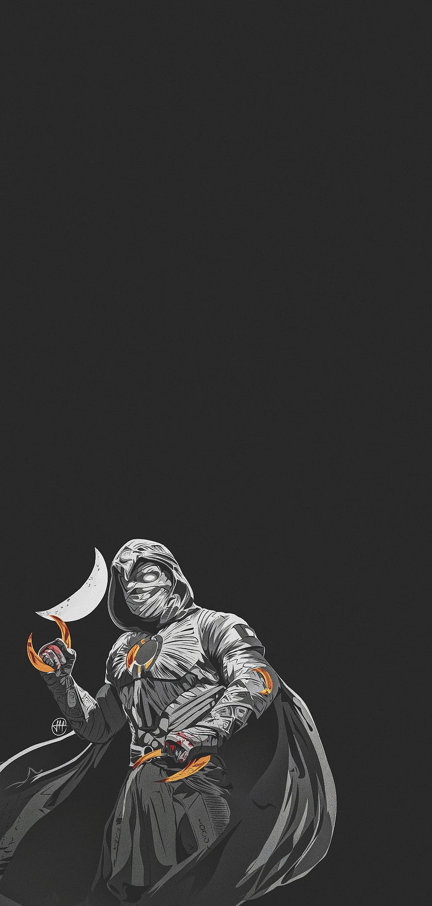 Moon Knight holding crescent moon in monochrome comic art with orange accents HD phone wallpaper