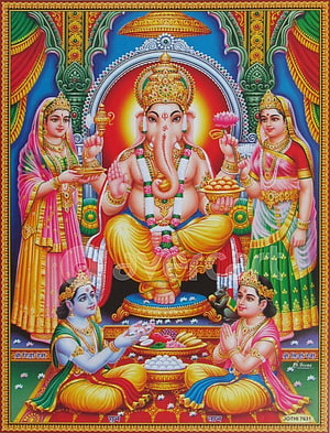 Ganesha Riddhi Siddhi Deity Painting with Devotees Offering Prasad and Flowers HD phone wallpaper