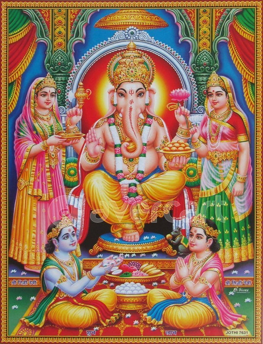 Ganesha Riddhi Siddhi Deity Painting with Devotees Offering Prasad and Flowers HD phone wallpaper