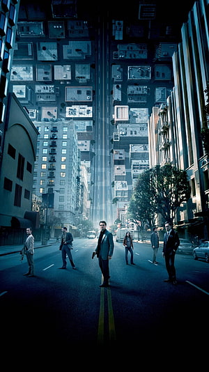 Inception Movie Poster Featuring Team Standing in Surreal City Street HD phone wallpaper