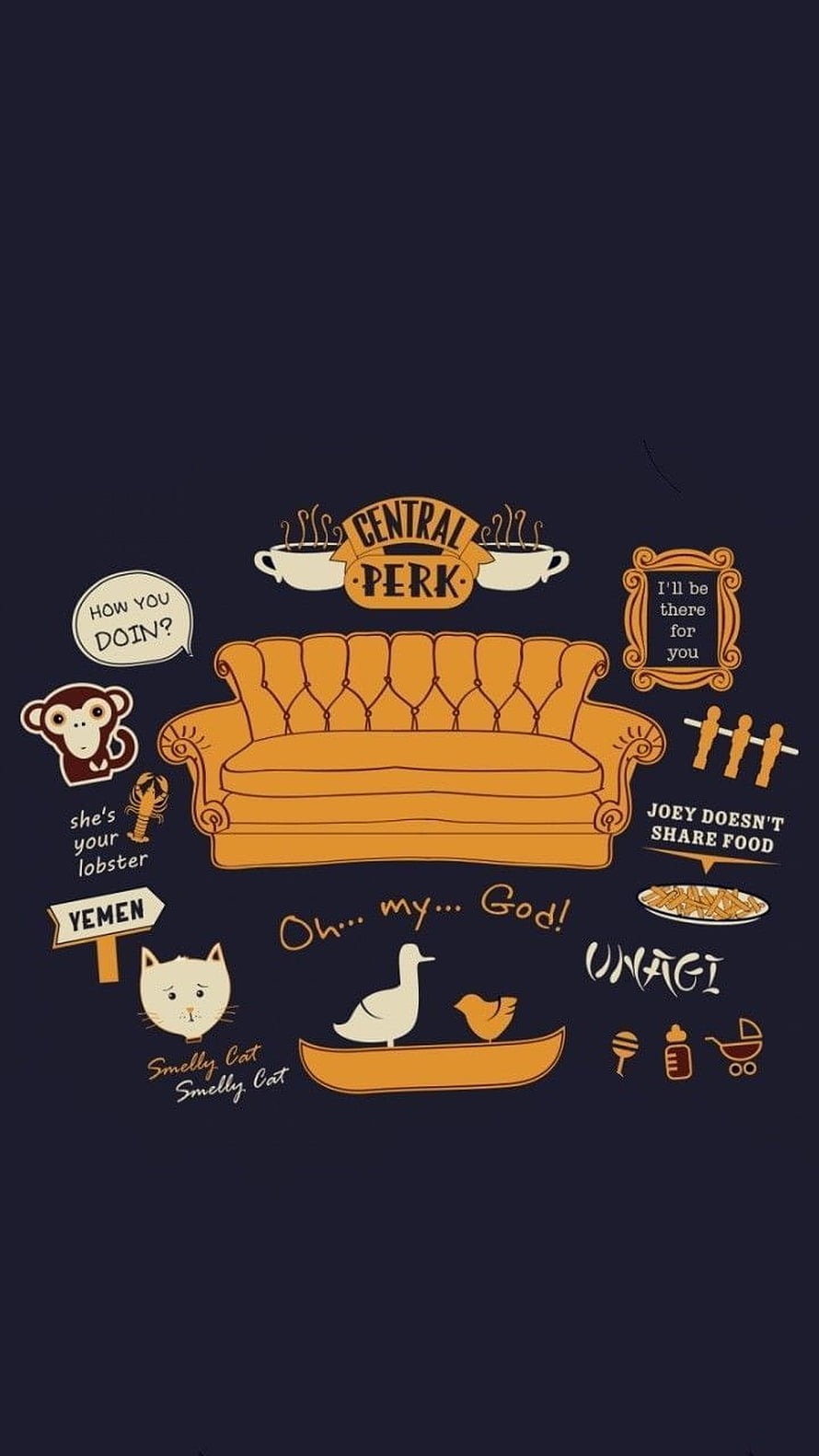 Friends TV Show Central Perk Sofa and Iconic Quotes Illustration HD phone wallpaper
