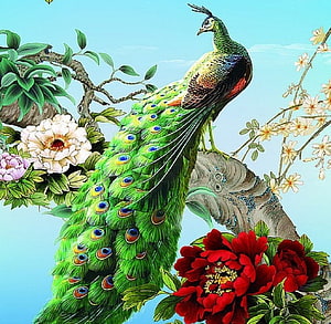 Vibrant Green Peacock Perched on Branch with Red and White Peonies in Traditional Art Style HD wallpaper