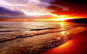 Vibrant sunset over a calm ocean with fiery orange and purple clouds reflecting on the wet sandy beach HD wallpaper