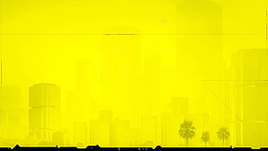 Cyberpunk 2077 Yellow Haze Cityscape with Palm Trees and Silhouetted Skyline HD wallpaper
