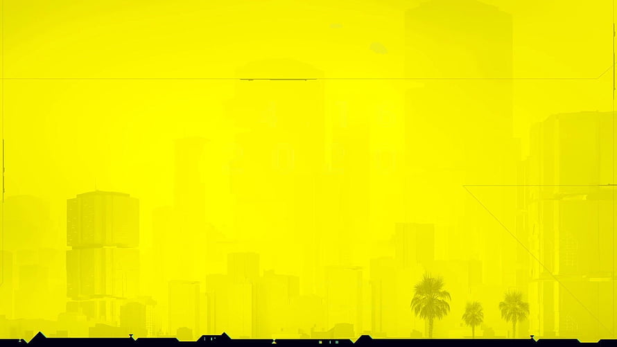 Cyberpunk 2077 Yellow Haze Cityscape with Palm Trees and Silhouetted Skyline HD wallpaper
