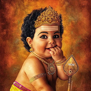 Cute Baby Hanuman Wallpaper with Golden Crown and Mace, Shiv Parvati Putra Murugan . Murugan Vel , Vinayagar Murugan HD phone wallpaper