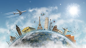 World Travel Concept With Global Landmarks On A Stylized Earth Globe HD wallpaper