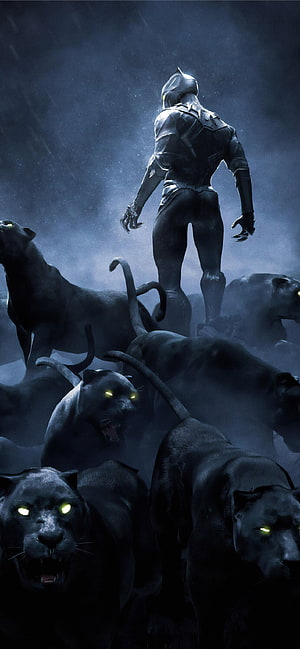 Black Panther Standing Above a Pack of Snarling Black Panthers in a Dark Misty Scene HD phone wallpaper