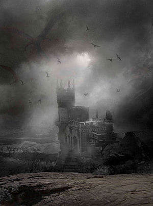 Dark Fantasy Castle on Cliff with Dragons and Birds in Stormy Fog HD phone wallpaper