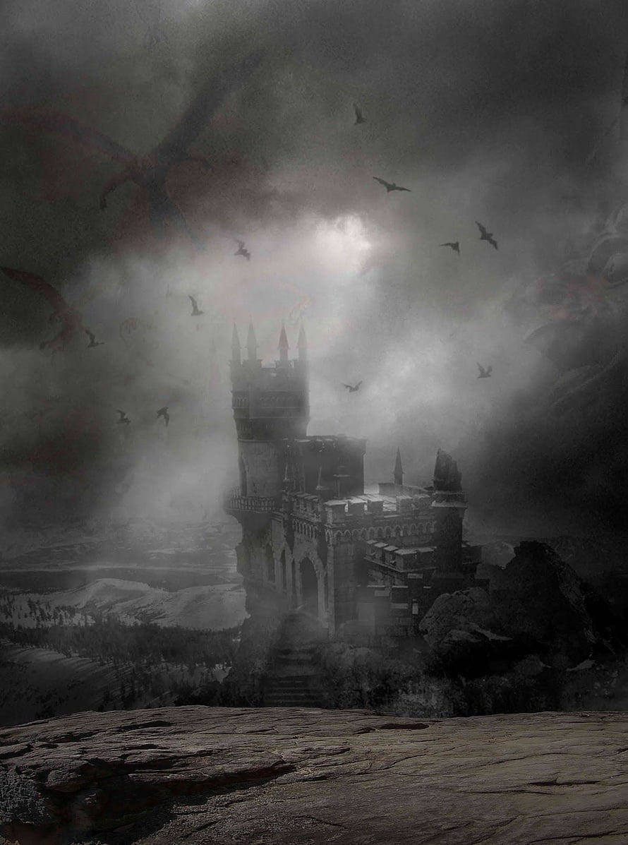 Dark Fantasy Castle on Cliff with Dragons and Birds in Stormy Fog HD phone wallpaper