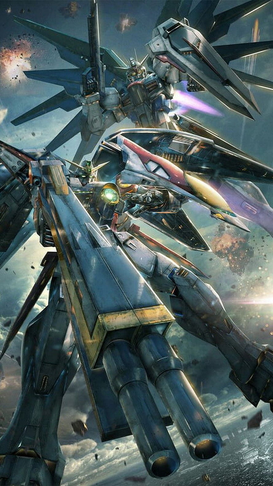 Gundam Mobile Suit Battle Scene with Beam Weapons and Explosions in Space HD phone wallpaper