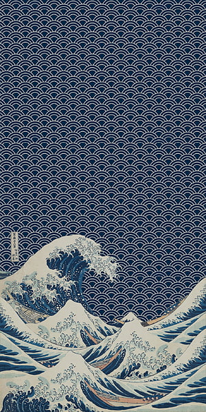 The Great Wave off Kanagawa by Hokusai with Seigaiha Wave Pattern Background HD phone wallpaper