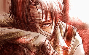 Levi Ackerman Intense Portrait in Dramatic Red and Sepia Manga Style, Levi Ackerman, fan art, Attack on Titan, Rivai Akkaman, portrait, Shingeki no Kyojin, Attack on Titan characters, manga, Levi Ackerman Attack on Titan HD wallpaper