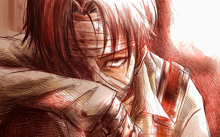 Levi Ackerman Intense Portrait in Dramatic Red and Sepia Manga Style, Levi Ackerman, fan art, Attack on Titan, Rivai Akkaman, portrait, Shingeki no Kyojin, Attack on Titan characters, manga, Levi Ackerman Attack on Titan HD wallpaper