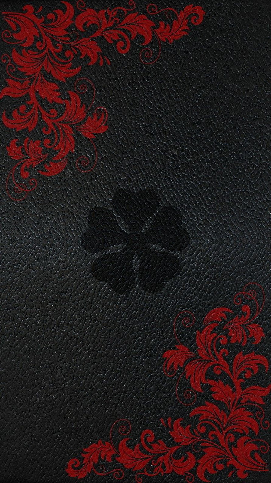Black Leather Texture With Red Floral Corner Ornaments And Embossed Clover Center HD phone wallpaper