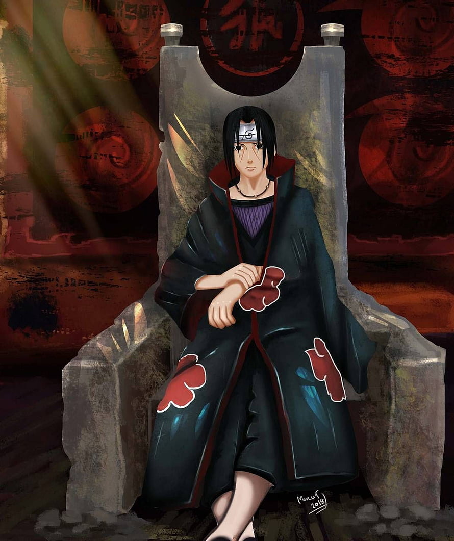 Itachi Uchiha Sitting on Stone Throne in Akatsuki Cloak Anime Wallpaper HD phone wallpaper