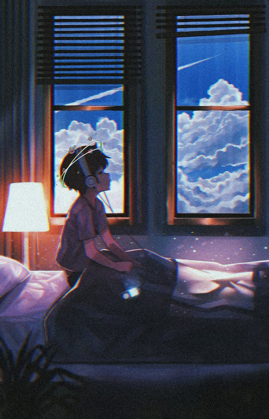 Anime Boy With Headphones Sitting On Bed Looking At Cloudy Sky Through Window HD phone wallpaper