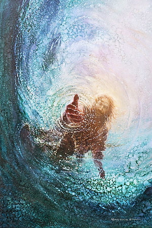 The Hand of God: Jesus Christ Reaching Through Water in Ethereal Blue Painting HD phone wallpaper