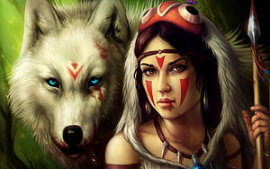 Fantasy Warrior Woman With White Wolf Companion And Red Face Paint, Fantasy, Wolf, Girl, Warrior, Spear HD wallpaper
