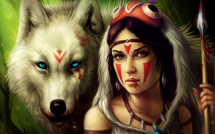 Fantasy Warrior Woman With White Wolf Companion And Red Face Paint, Fantasy, Wolf, Girl, Warrior, Spear HD wallpaper