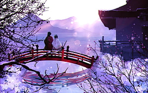 Demon Slayer Artwork: Shinobu and Giyuu on a Snowy Red Bridge HD wallpaper