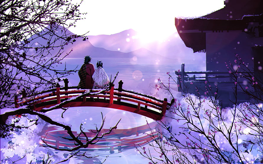 Demon Slayer Artwork: Shinobu and Giyuu on a Snowy Red Bridge HD wallpaper