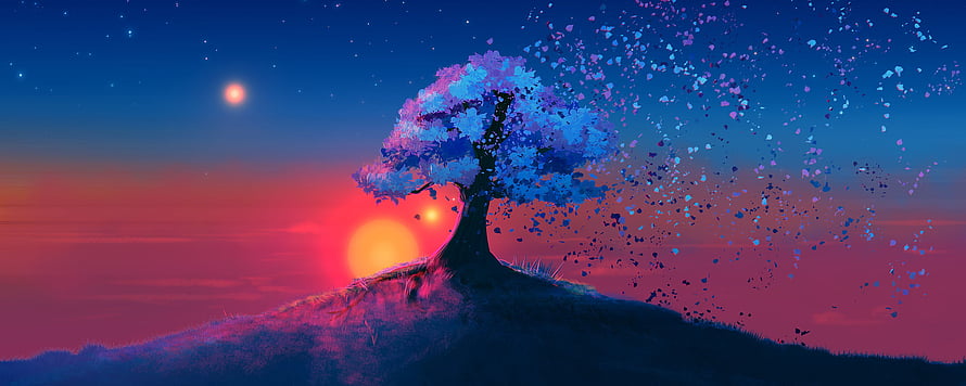 Magical Solitary Tree on Hilltop with Dissolving Leaves Against Sunset Sky HD wallpaper