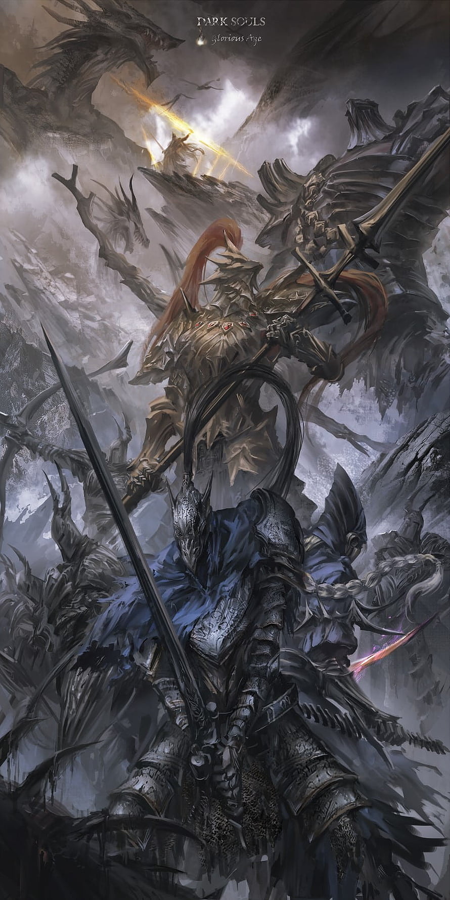Dark Souls Glorious Age Fantasy Art Featuring Ornstein and Artorias in Epic Battle HD phone wallpaper