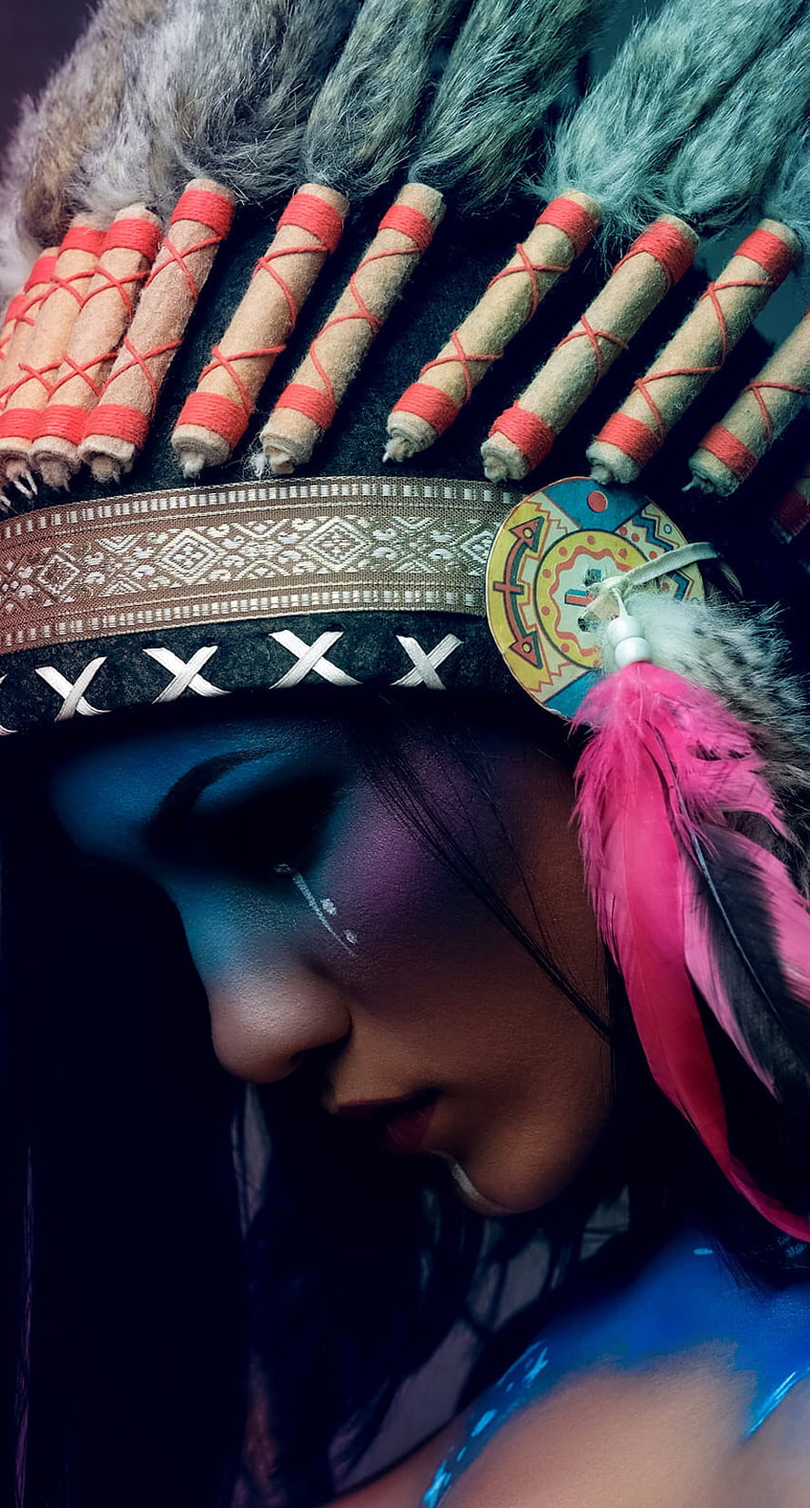 Native American Woman Wearing Traditional Headdress With Feathers And Beaded Band, Bng Pit Pit on Background & . Native american women, American indian girl, Native american girls HD phone wallpaper